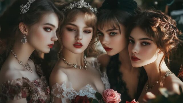 Elegant portrait of four women in vintage dresses with roses and jewelry