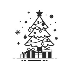 Fototapeta premium Festive christmas tree with star, ornaments, and gifts in black and white design