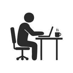 Fototapeta premium Black silhouette of person working on laptop at desk with coffee cup