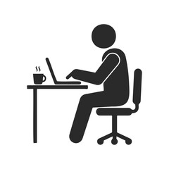 Silhouette of person using laptop at desk with coffee