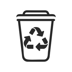 Black recycling bin icon with symbolic arrows on white background
