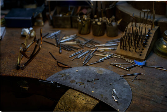 Jeweler s workbench, tools and materials for metalworking in Zurich, Switzerland