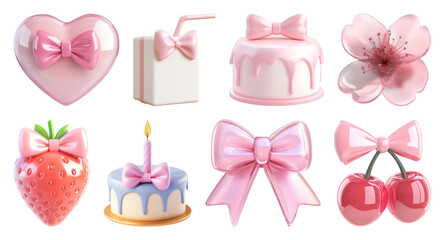 Obraz na płótnie Canvas PNG Cute pink bows and desserts, element set on transparent background
