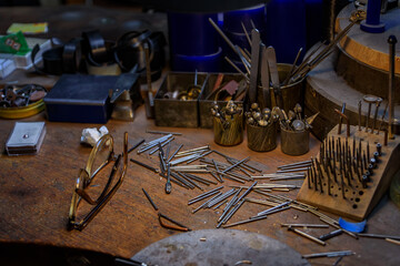 Jeweler s workbench, tools and materials for metalworking in Zurich, Switzerland