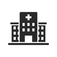 Black and white hospital building icon on white background