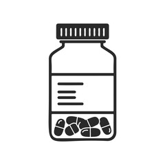 Fototapeta premium Black and white pill bottle icon with transparent container and label