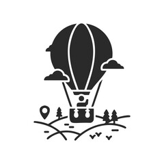 Silhouette of hot air balloon over scenic landscape with clouds and trees