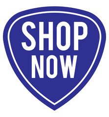 Bold blue shield shape with white text reading SHOP NOW, encouraging immediate action