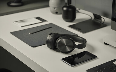 Fototapeta premium A workspace featuring headphones, a tablet, a stylus, and a smartphone on a white surface