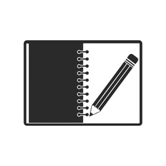 Black and white notebook icon with pencil on spiral binding