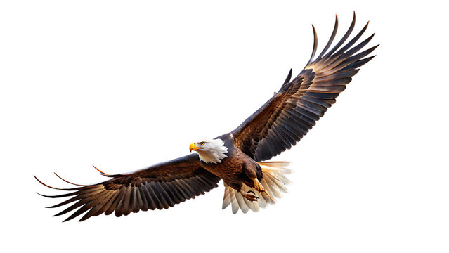 Bald eagle soaring through the sky isolated on transparent background in daylight