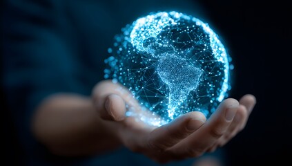 Close up of a human hand holding a glowing blue digital sphere of interconnected lines and dots against a dark background