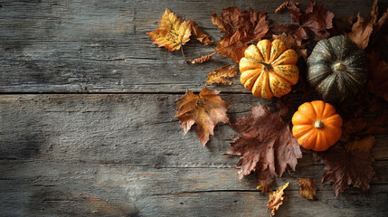 Autumn background from fallen leaves and pumpkins on a wooden vintage table