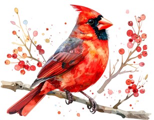 Watercolor cardinal perched on branch with berries
