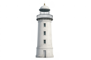 White lighthouse illuminating the sea with transparent background