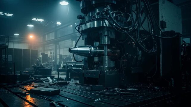 Evening shot of a dimly lit factory floor with a railgun projectile sabot midprocess inside an industrial machine.