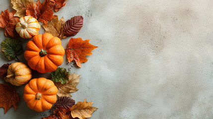 Autumn Thanksgiving background. White and orange pumpkins harvest top view