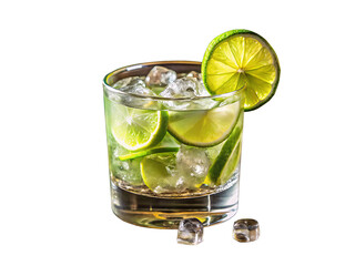 Fototapeta premium Refreshing lime drink with ice and citrus slices isolated on a transparent background glass