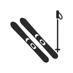 Black and white ski equipment silhouette: skis and pole icon