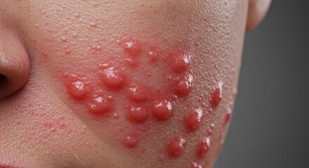 Fototapeta premium Close-up Macro of Blistering Rash on Human Skin, Indicating Viral Infection or Allergic Reaction.
