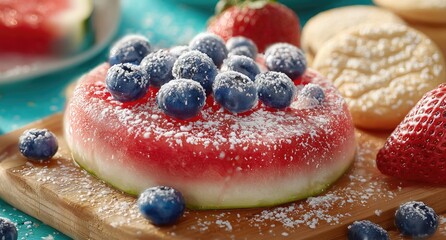 Watermelon slice topped with blueberries and powdered sugar, beside cookies and strawberries