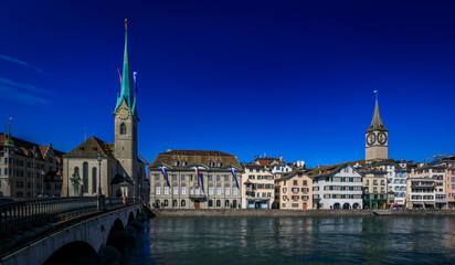 Cityscape of Zurich, Switzerland, at dus over the Limmat River in Altstadt