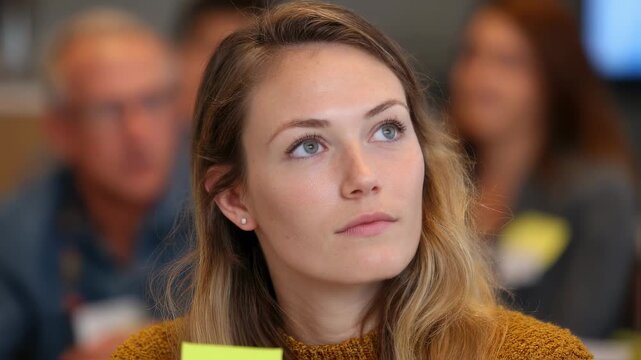 Medium shot focusing on a single participants thoughtful expression while holding a sticky note with blurred group activity and CSRD materials in the background.