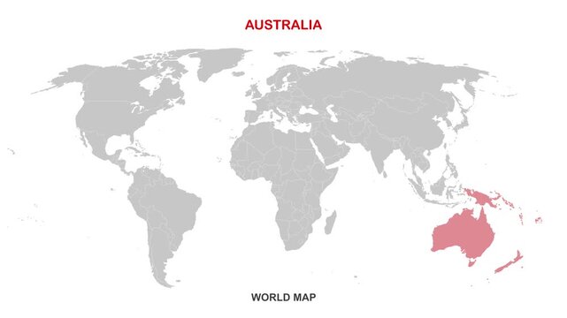 Australia Map Video, highlighted in the world map with national flag and borders, perfect for presentations, travel, education, geography, and global studies.