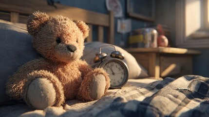 Awareness Poster Depicting Alarm Clock Beside Bed Symbolizing Medical Device for Enuresis Treatment