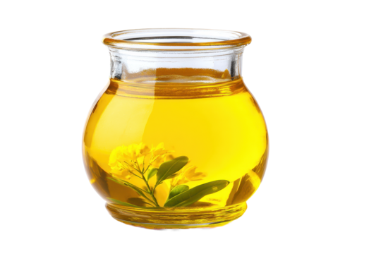 Glass Jar of Golden Cooking Oil with Mustard Flower
