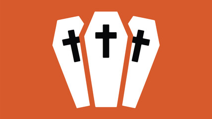 Obraz premium Three white coffins with black crosses against a vibrant orange background, symbolizing death and Halloween