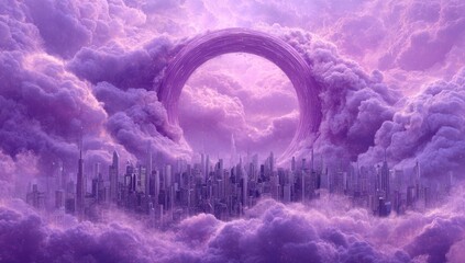 Purple, ethereal city nestled in clouds, ringed by a celestial portal