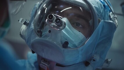 Medium angle highlighting the 360 headmounted camera lens reflecting the sterile surgical field while the resident carefully initiates the first incision rest of the OR slightly