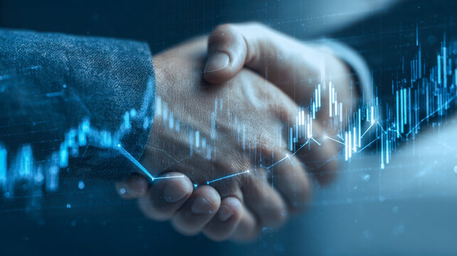 Business handshake with digital financial graph overlay