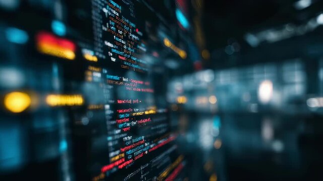 Medium shot of a software tester debugging security holes blurred digital dashboard and alert notifications filling the background softly.