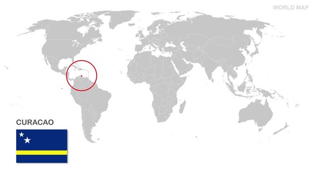 Curacao Map Video, highlighted in the world map with national flag and borders, perfect for presentations, travel, education, geography, and global studies.