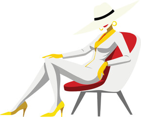 Elegant woman in white sitting in a modern chair wearing a wide-brimmed hat vector art