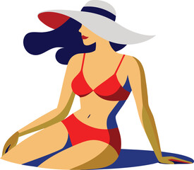 Stylized minimalist vector illustration of a woman in a sun hat and bikini enjoying summer