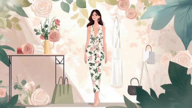 Elegant woman in floral outfit surrounded by chic decor and fashion accessories