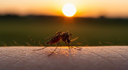 A Mosquitos Sunset Feast - Macro View of an Insect Biting Human Skin.