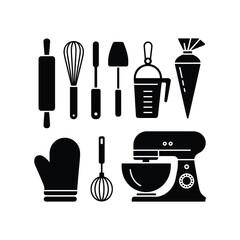 Fototapeta premium Collection of black baking and kitchen utensils arranged on a for culinary enthusiasts