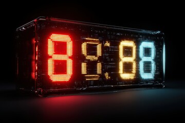 Glowing Retro Digital Clock Displays a Surreal 88 -88 in Vibrant Red, Orange, and Blue Neon.
