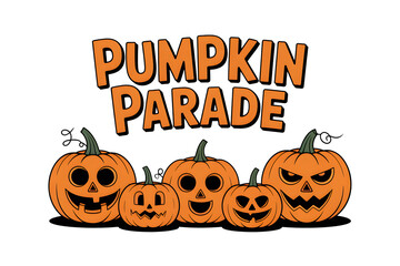Joyful pumpkins with carved faces celebrate a festive autumn parade against a transparent background