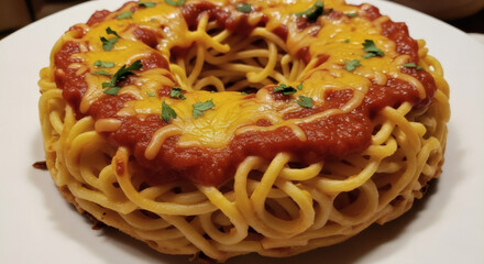 A close up shot of a spaghetti ring with tomato sauce cheese and parsley on a white plate