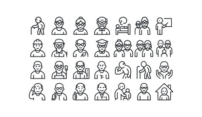vector outline icons Elder (Types) elder retired elder senior elder grandpa elder grandma elder patient elder teacher elder worker elder farmer elder eco elder smart elder family elder.