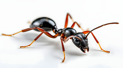 Close up of shiny black carpenter ant with reddish legs and antennae on white background showing detailed body texture and sharp mandibles