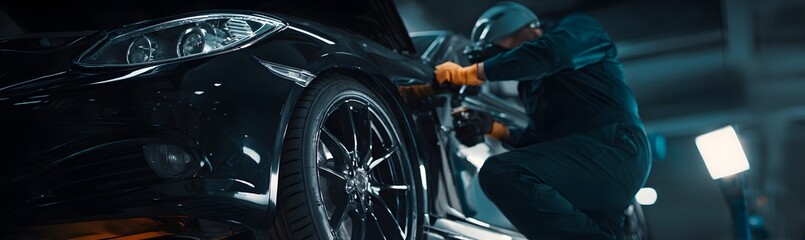 Sleek black sports car with a glossy finish custom multi-spoke alloy wheels and a modern headlight design.