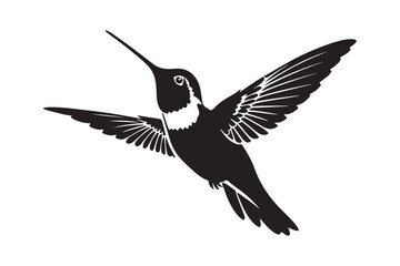 Black silhouette of a hummingbird in flight with detailed wings