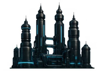 Futuristic alien city with glowing blue lights on transparent background
