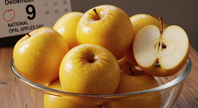 A bowl of opal apples with a calendar marking national opal apples day on december ninth in the background